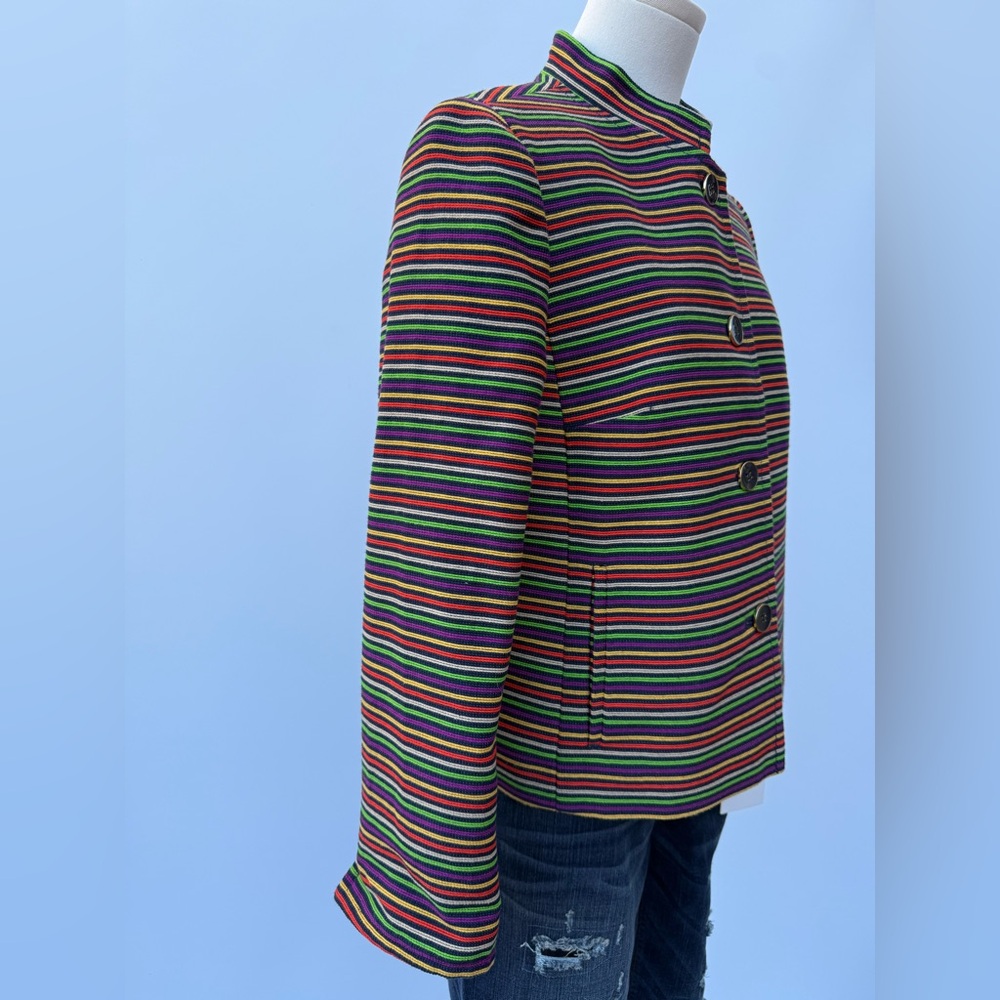 Talbots Rainbow Horizontal Striped Metallic Thread Mandarin Collar Biazer - Picture 4 of 12